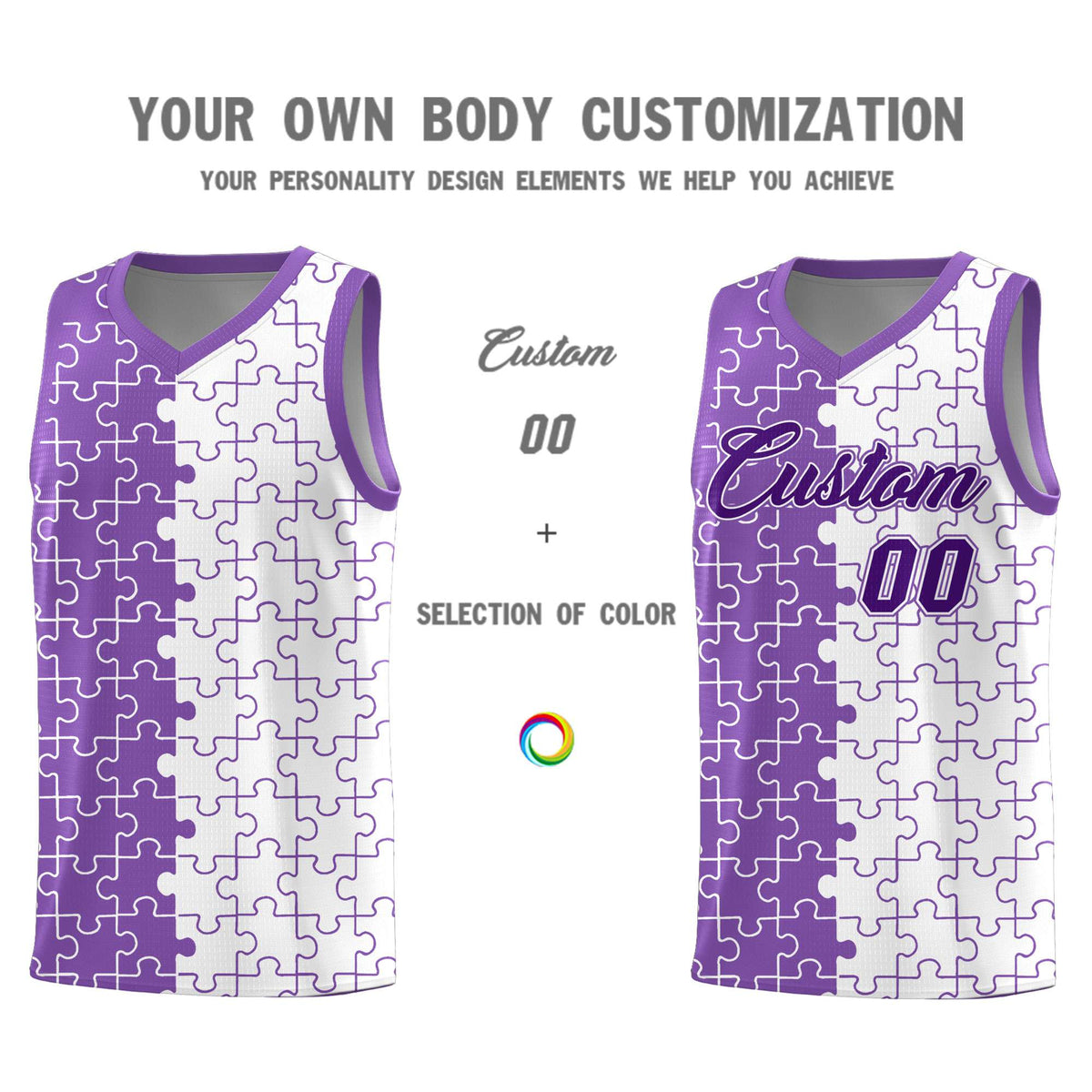Custom Light Purple White Splid Basketball Kits With Puzzle Pattern