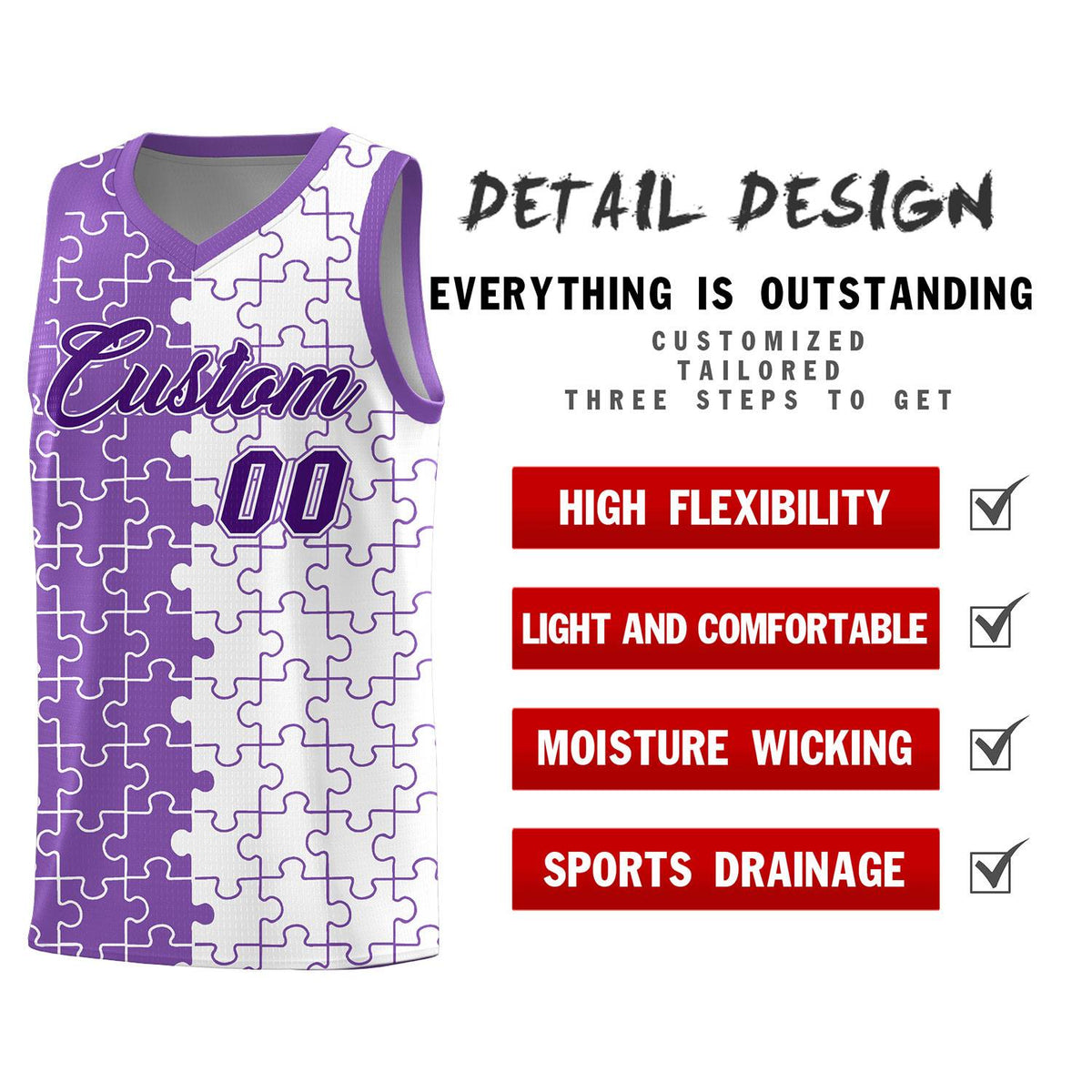 Custom Light Purple White Splid Basketball Kits With Puzzle Pattern