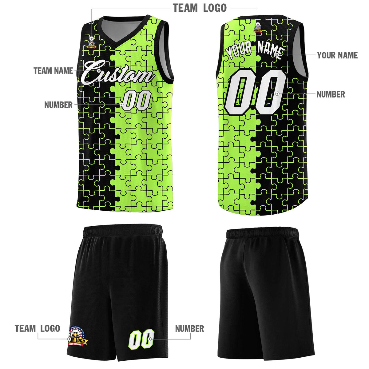 Custom Black Neon Green Splid Basketball Kits With Puzzle Pattern
