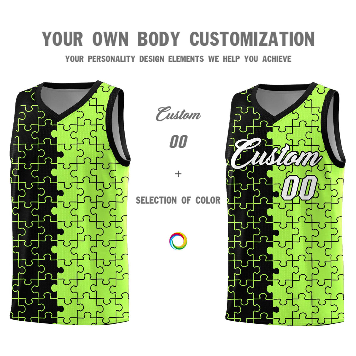 Custom Black Neon Green Splid Basketball Kits With Puzzle Pattern