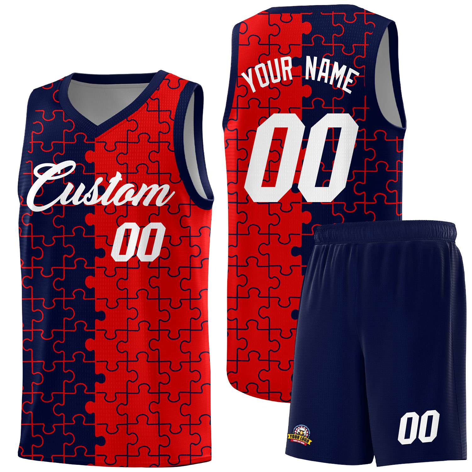Custom Navy Red Splid Basketball Kits With Puzzle Pattern