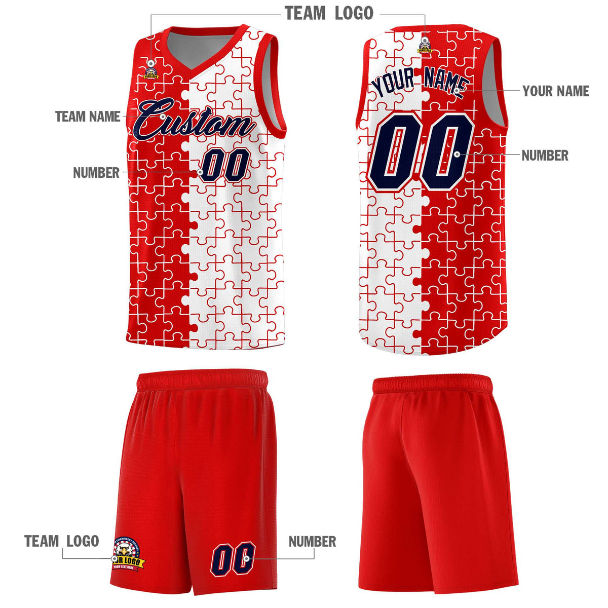 Custom Red White Splid Basketball Kits With Puzzle Pattern