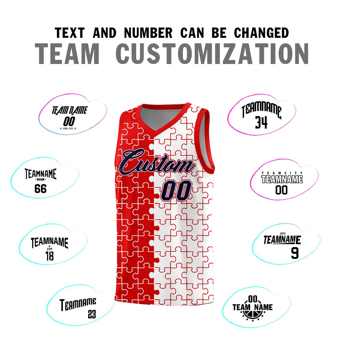 Custom Red White Splid Basketball Kits With Puzzle Pattern