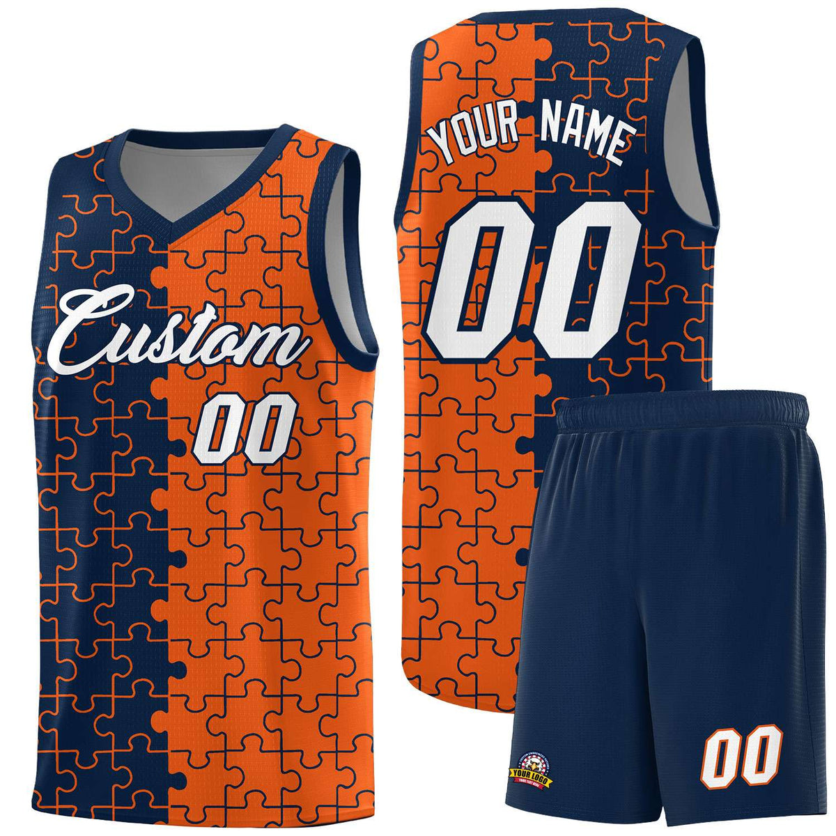 Custom Navy Orange Splid Basketball Kits With Puzzle Pattern