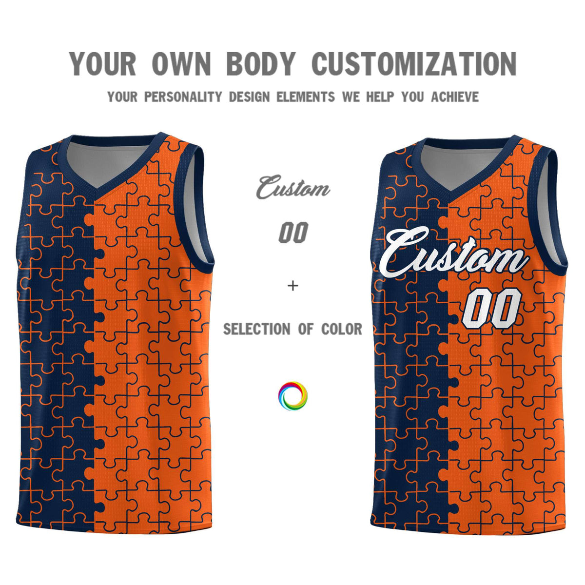 Custom Navy Orange Splid Basketball Kits With Puzzle Pattern