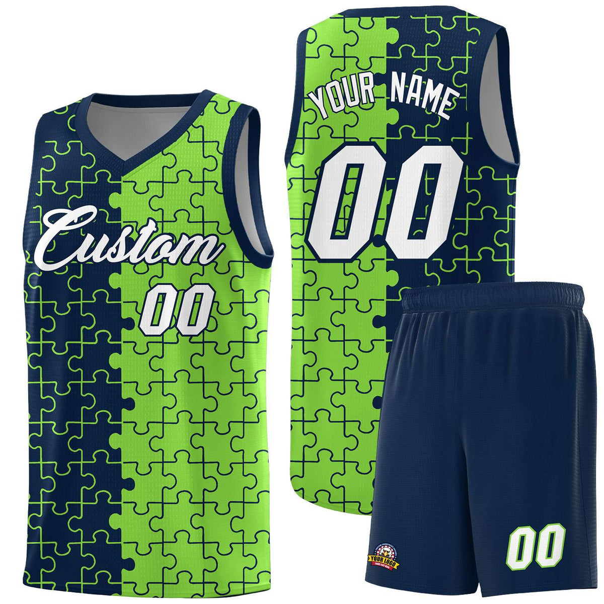 Custom Navy Neon Green Splid Basketball Kits With Puzzle Pattern