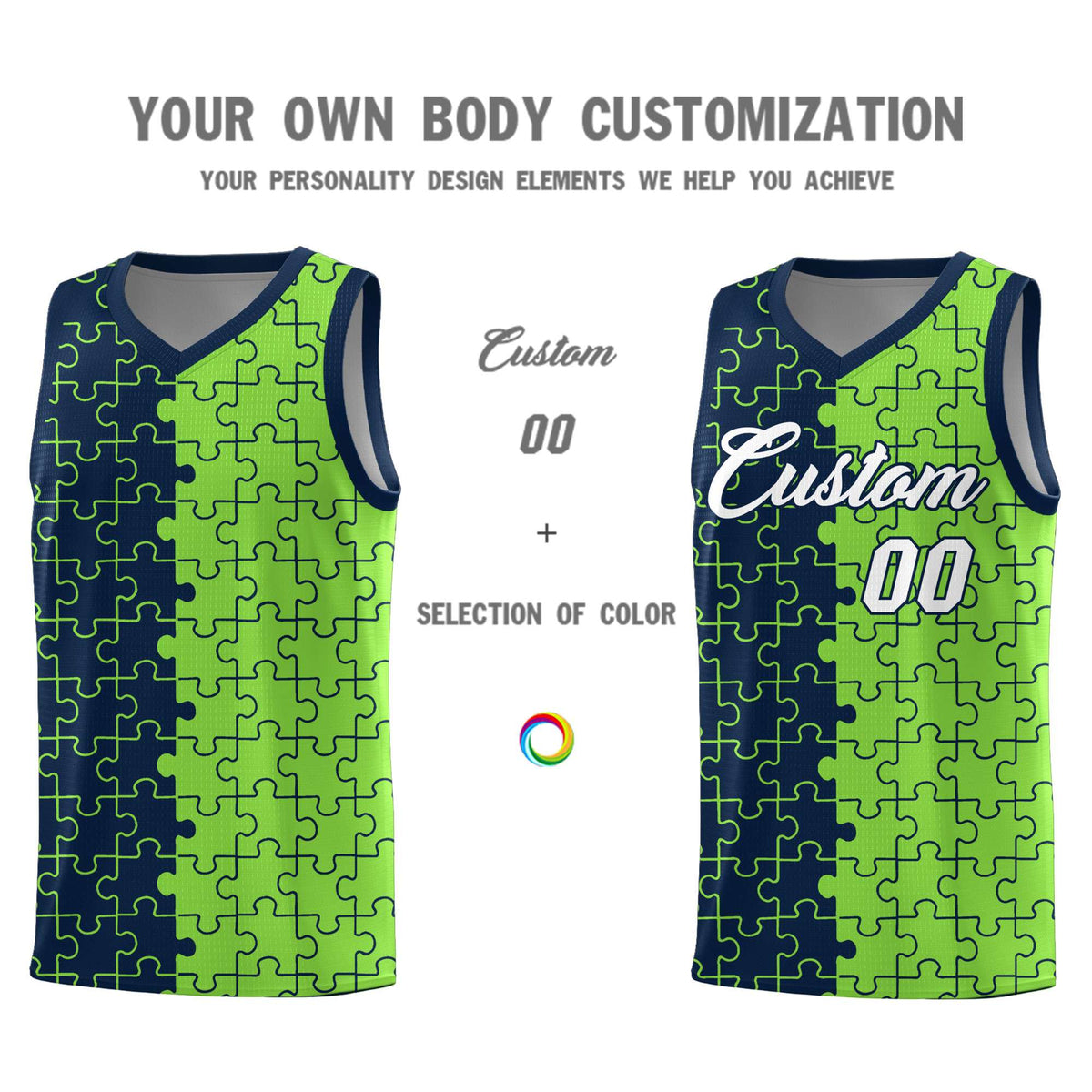 Custom Navy Neon Green Splid Basketball Kits With Puzzle Pattern