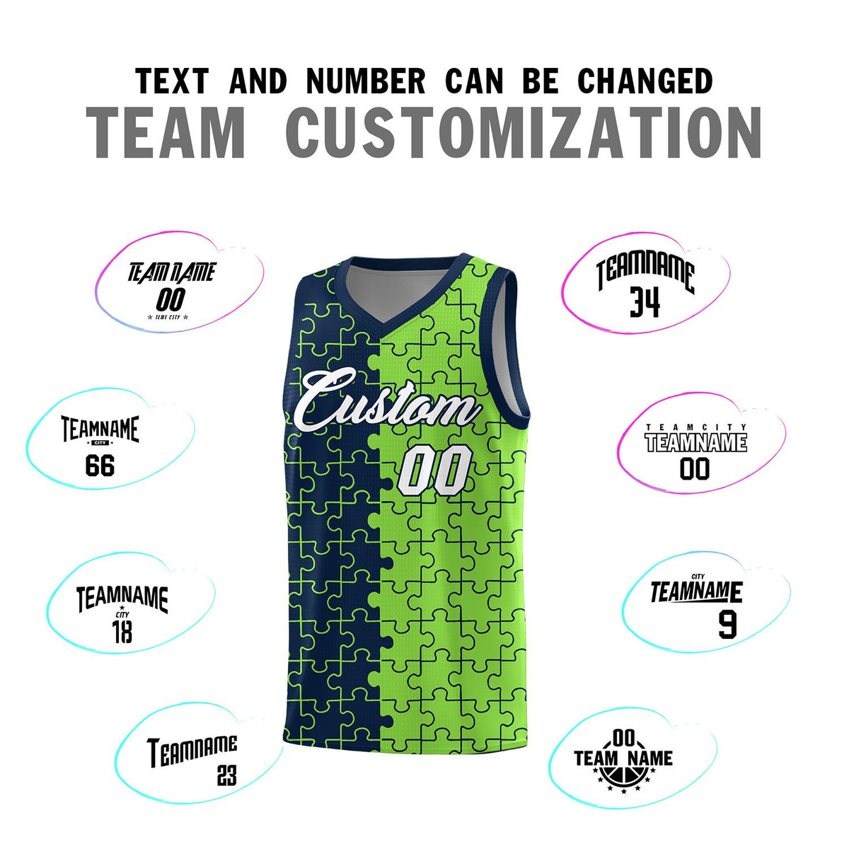 Custom Navy Neon Green Splid Basketball Kits With Puzzle Pattern