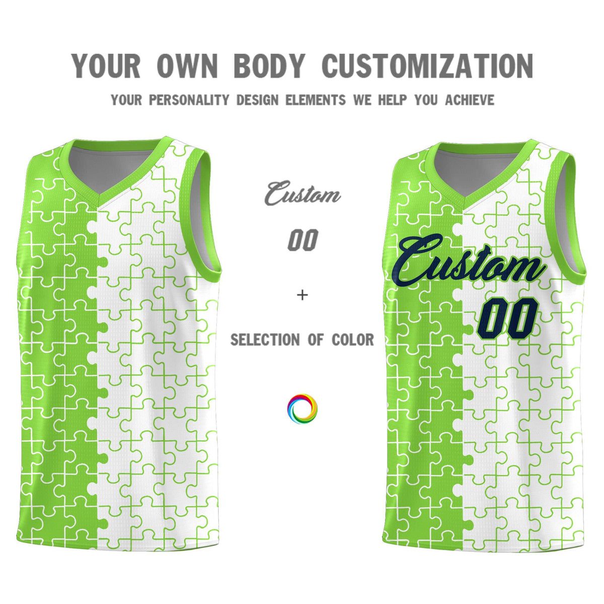 Custom Neon Green White Splid Basketball Kits With Puzzle Pattern