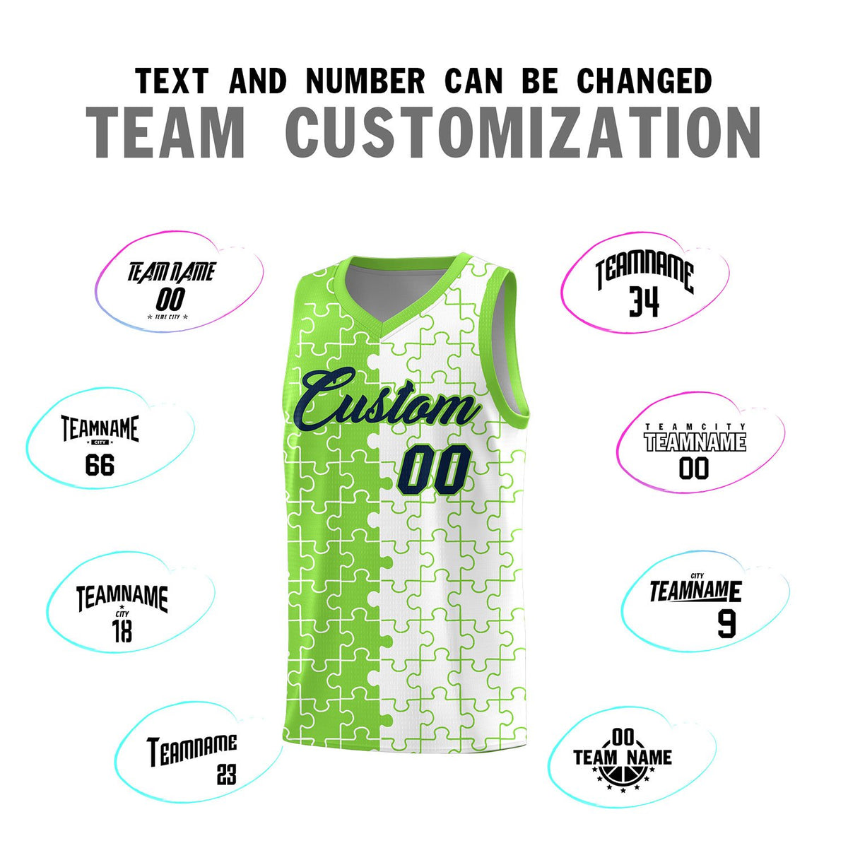 Custom Neon Green White Splid Basketball Kits With Puzzle Pattern