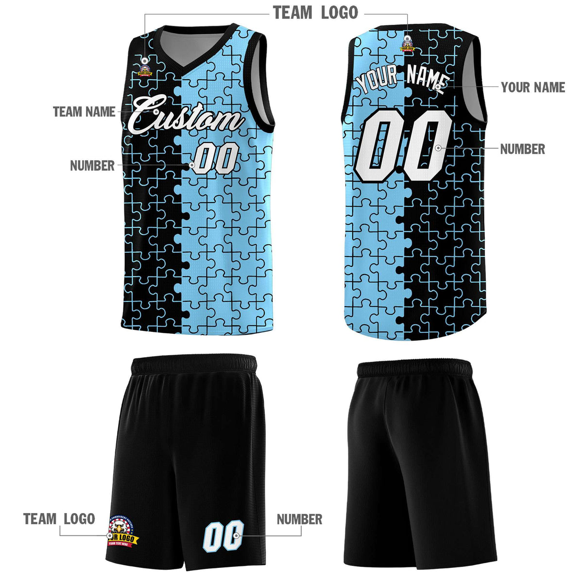 Custom Black Powder Blue Splid Basketball Kits With Puzzle Pattern