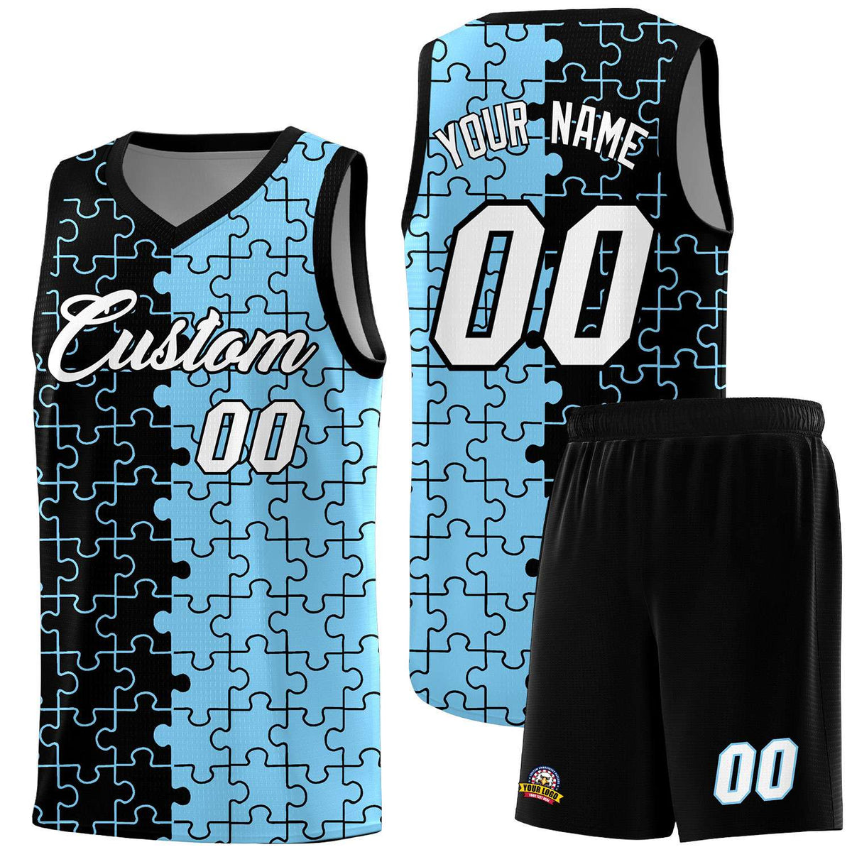 Custom Black Powder Blue Splid Basketball Kits With Puzzle Pattern