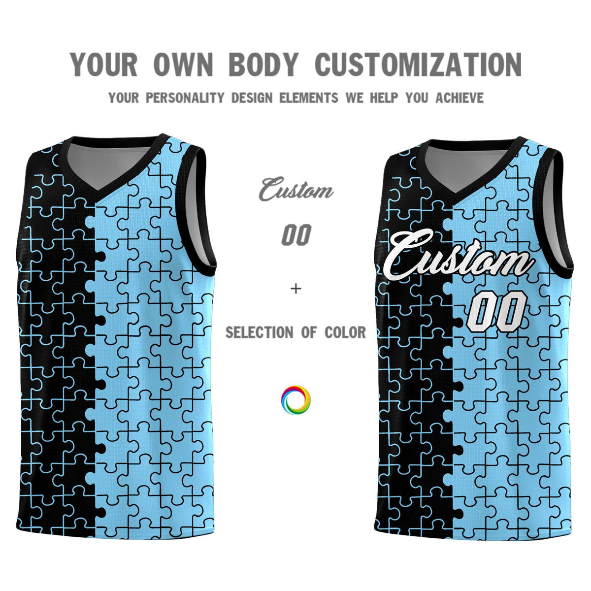 Custom Black Powder Blue Splid Basketball Kits With Puzzle Pattern