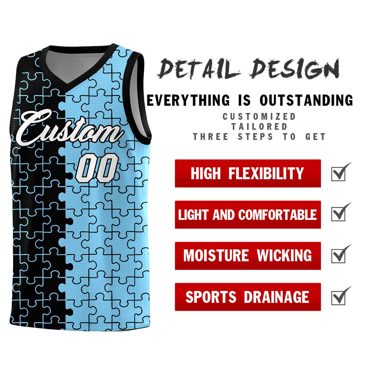 Custom Black Powder Blue Splid Basketball Kits With Puzzle Pattern