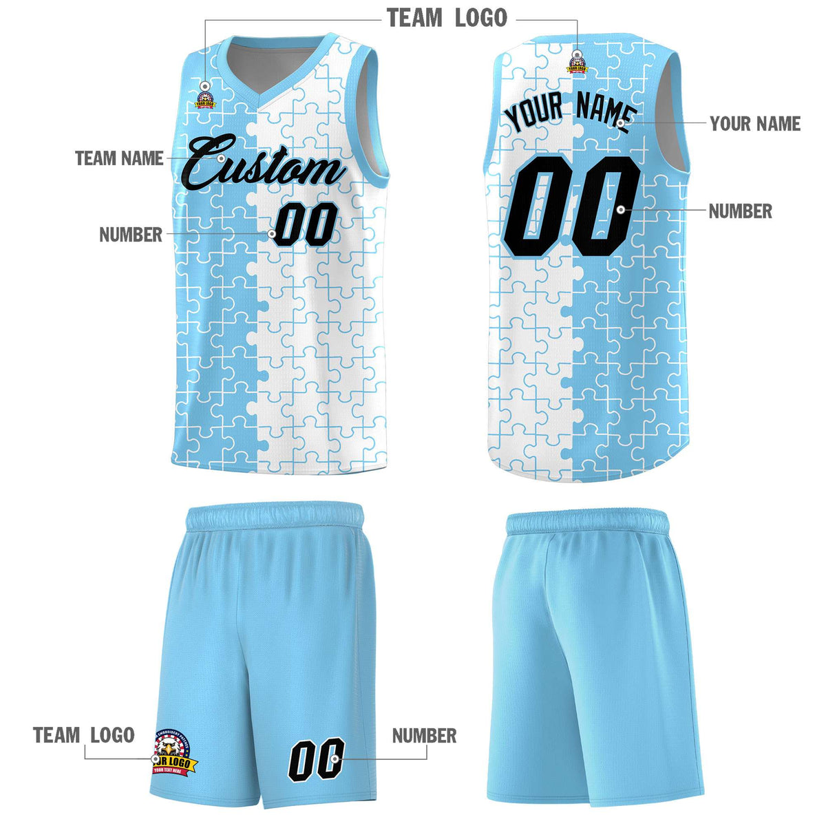 Custom Powder Blue White Splid Basketball Kits With Puzzle Pattern