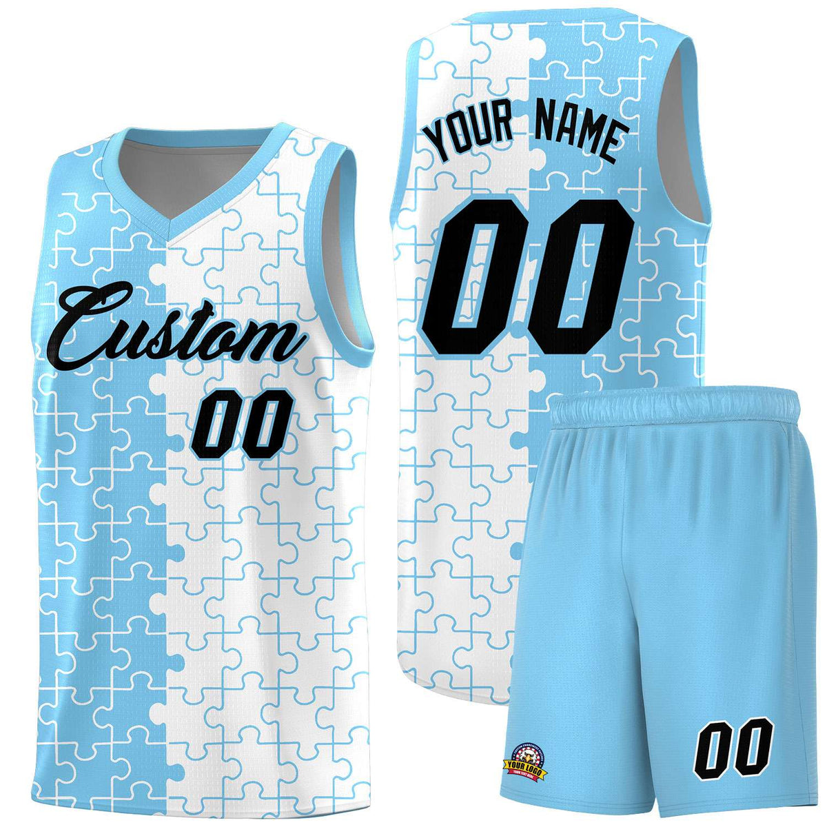 Custom Powder Blue White Splid Basketball Kits With Puzzle Pattern