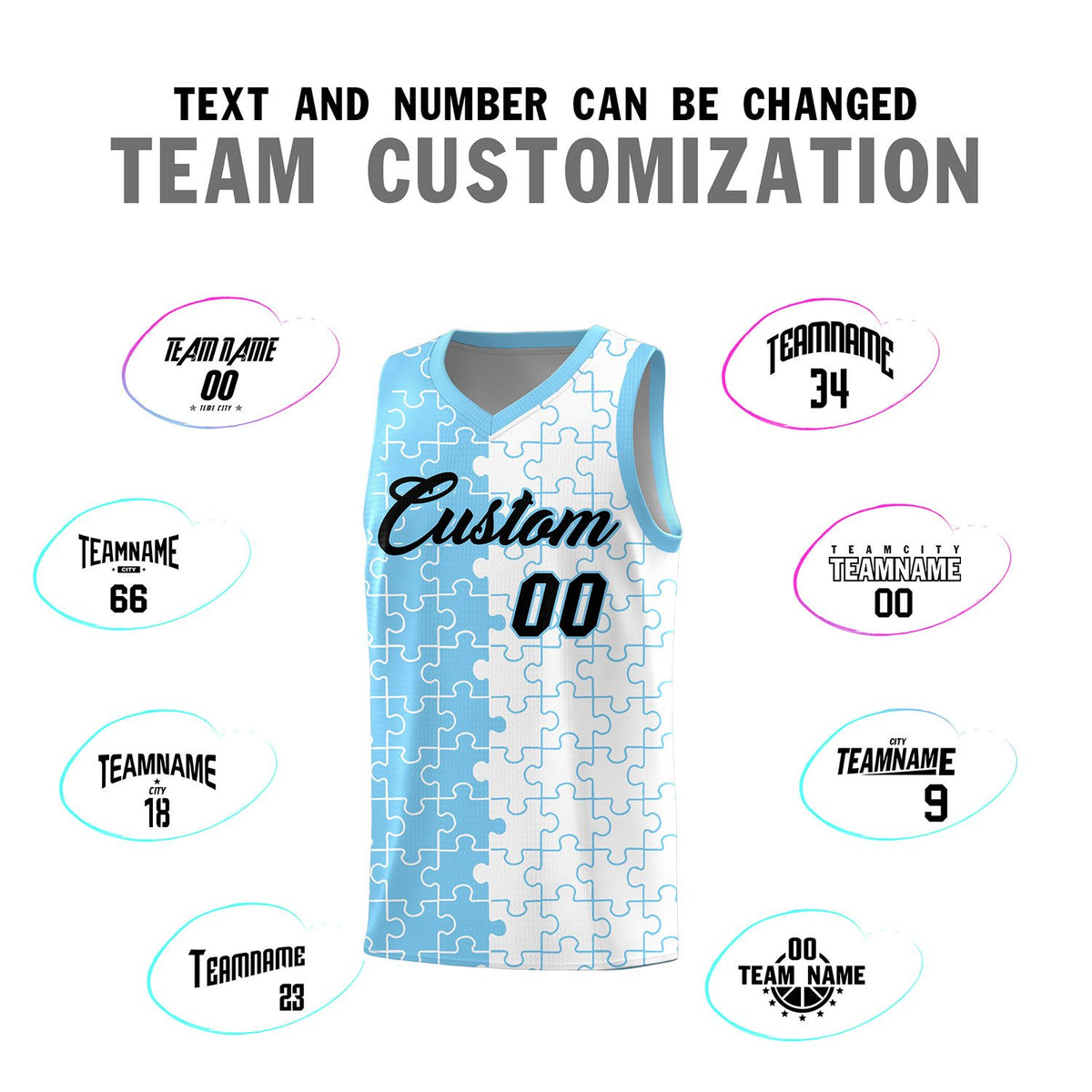 Custom Powder Blue White Splid Basketball Kits With Puzzle Pattern