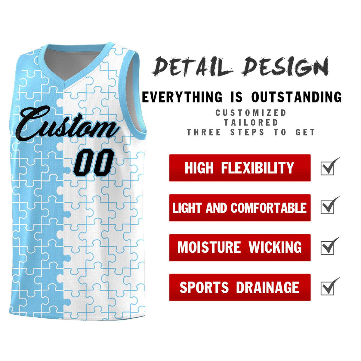 Custom Powder Blue White Splid Basketball Kits With Puzzle Pattern