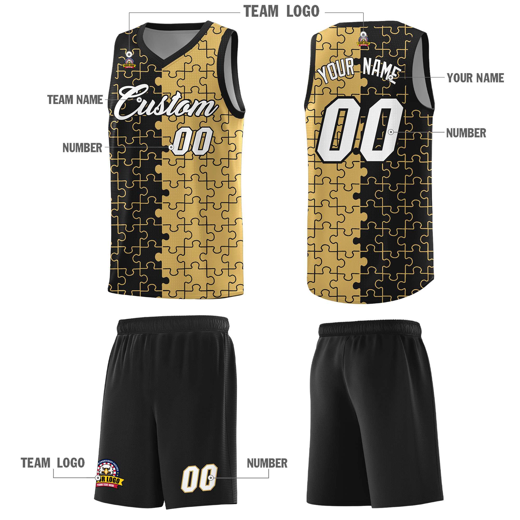 Custom Black Old Gold Splid Basketball Kits With Puzzle Pattern
