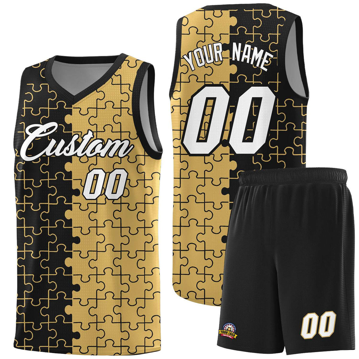 Custom Black Old Gold Splid Basketball Kits With Puzzle Pattern