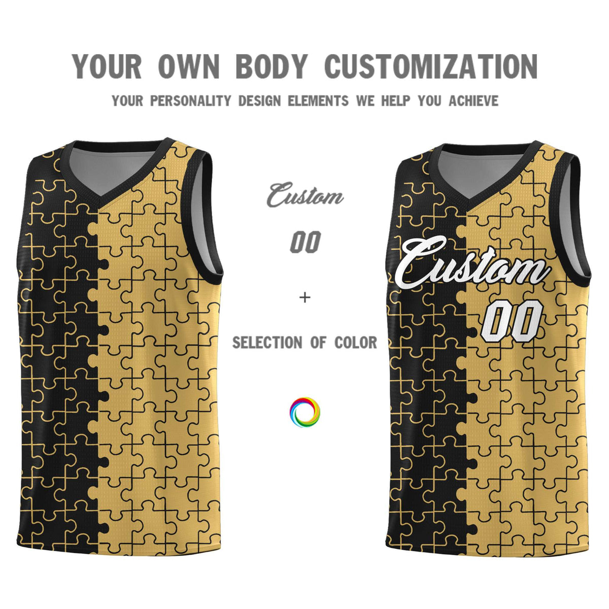 Custom Black Old Gold Splid Basketball Kits With Puzzle Pattern