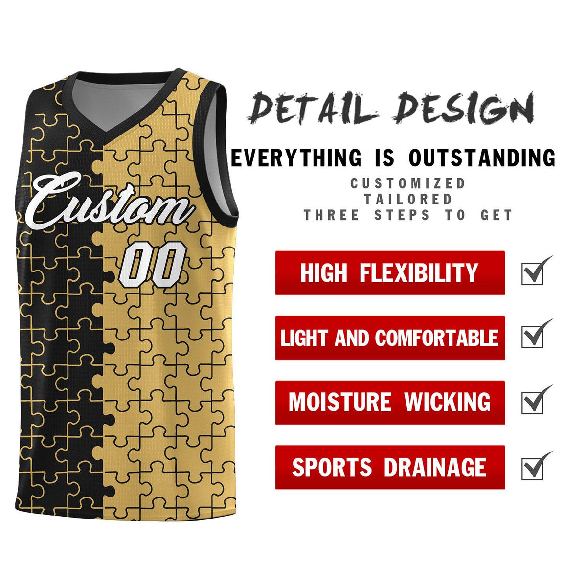 Custom Black Old Gold Splid Basketball Kits With Puzzle Pattern