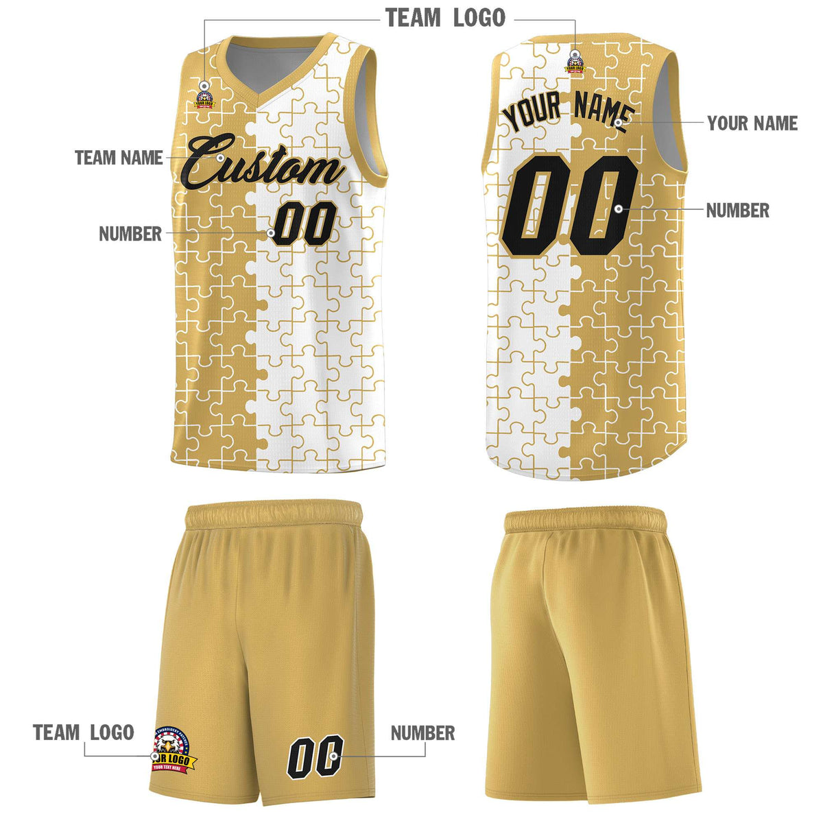 Custom Old Gold White Splid Basketball Kits With Puzzle Pattern