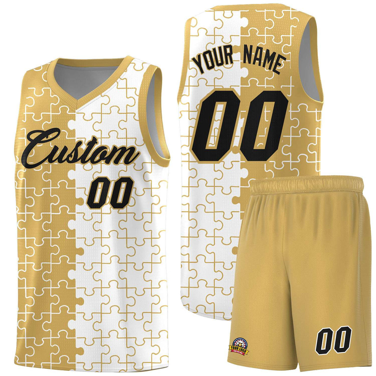 Custom Old Gold White Splid Basketball Kits With Puzzle Pattern