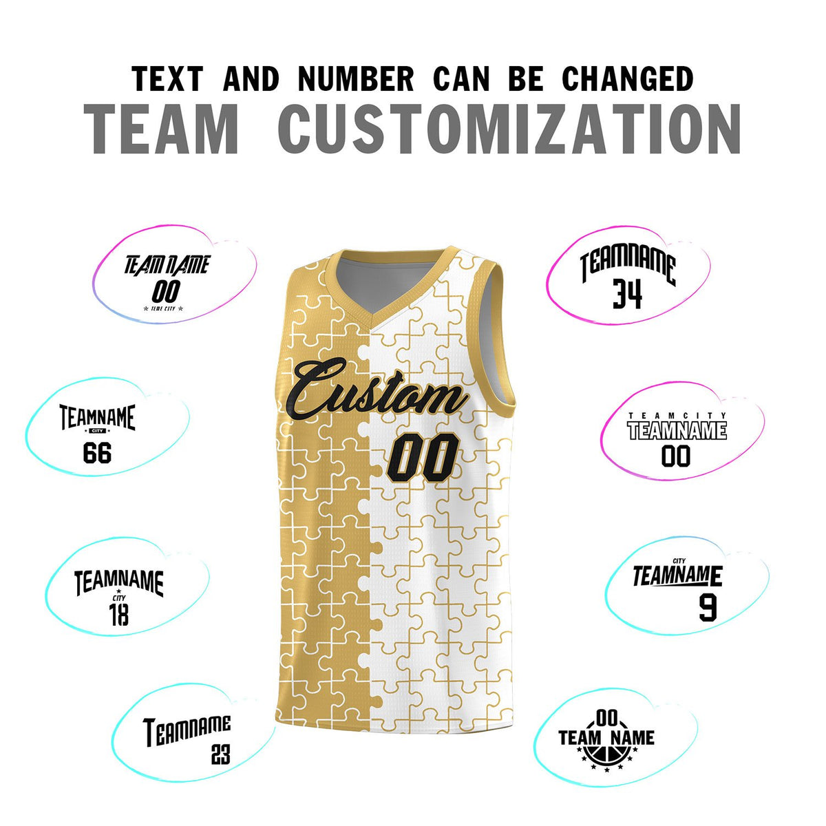 Custom Old Gold White Splid Basketball Kits With Puzzle Pattern