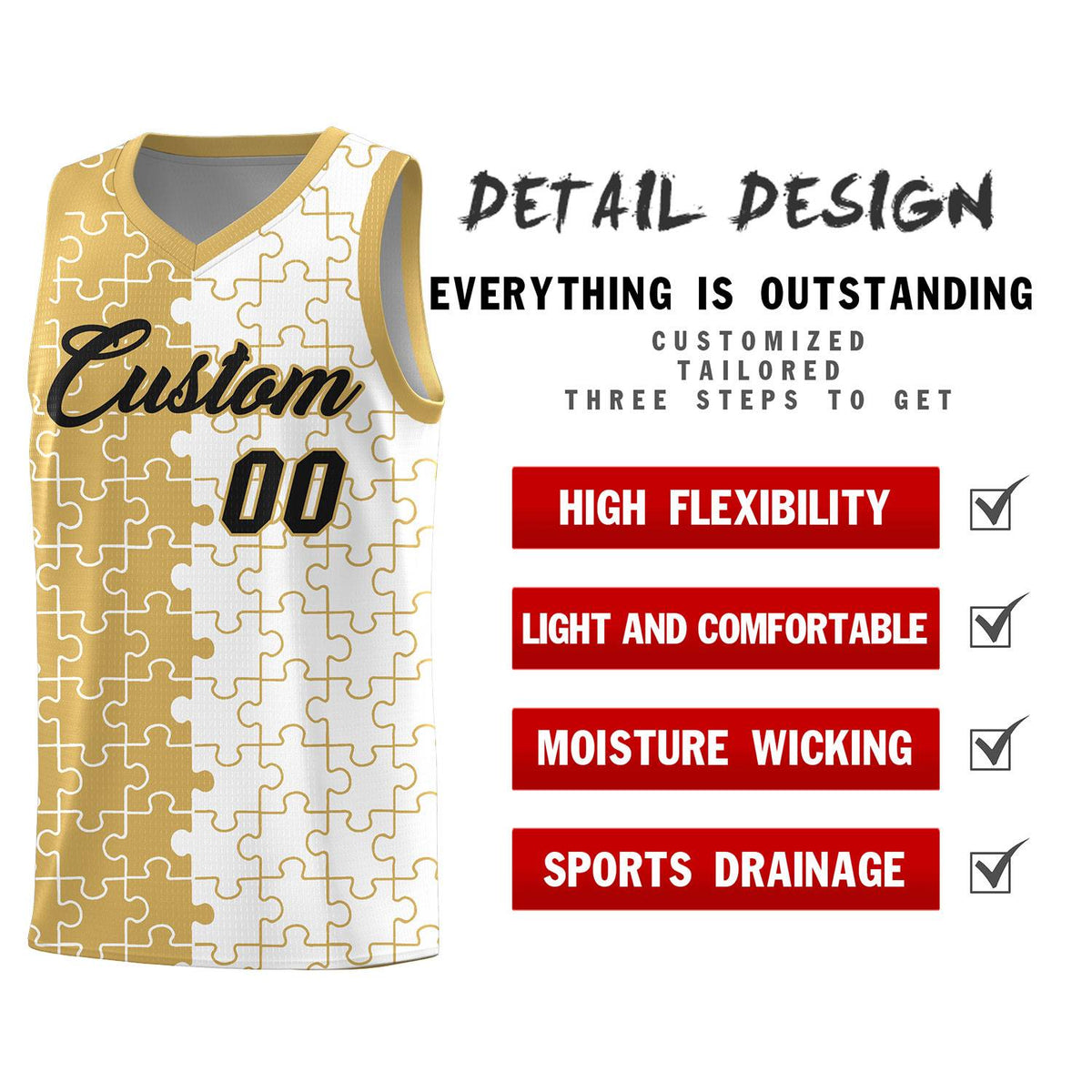 Custom Old Gold White Splid Basketball Kits With Puzzle Pattern