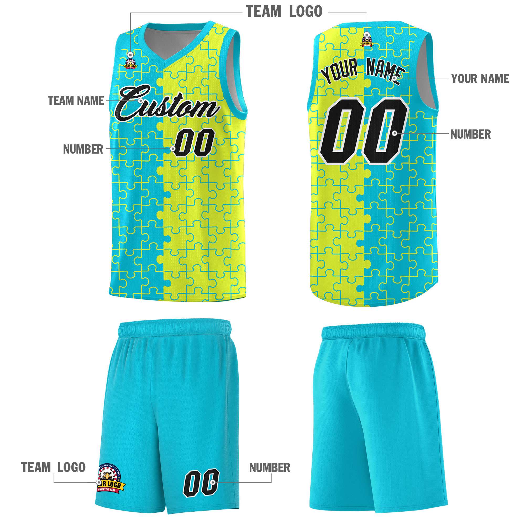 Custom Sky Blue Fluorescent Green Splid Basketball Kits With Puzzle Pattern