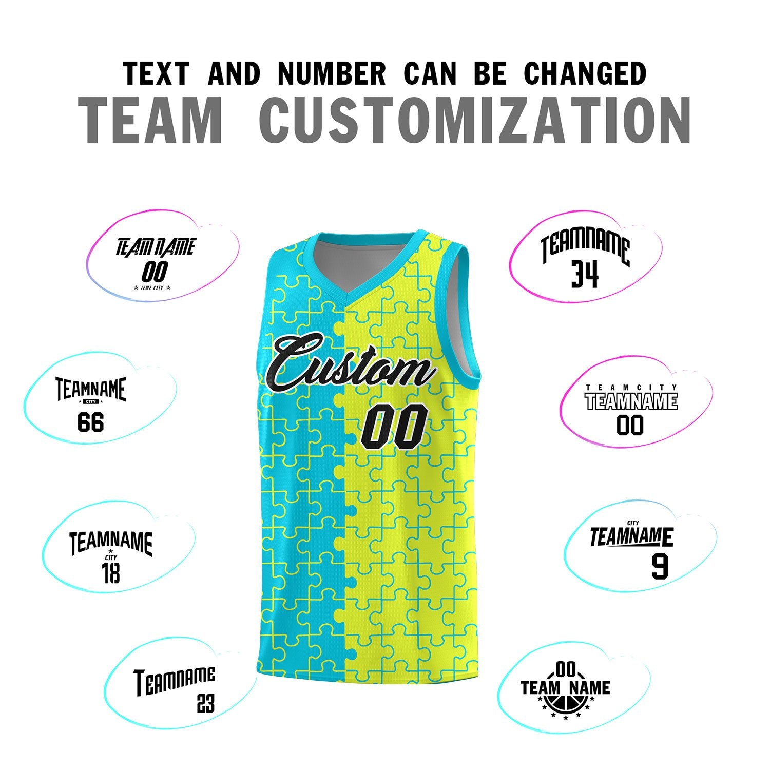 Custom Sky Blue Fluorescent Green Splid Basketball Kits With Puzzle Pattern