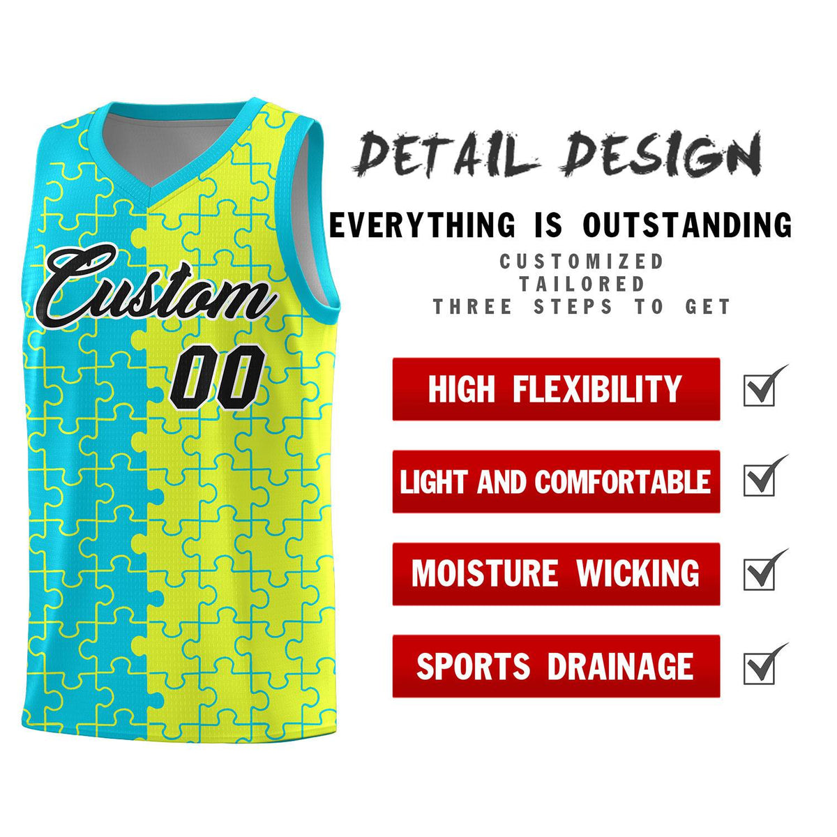 Custom Sky Blue Fluorescent Green Splid Basketball Kits With Puzzle Pattern