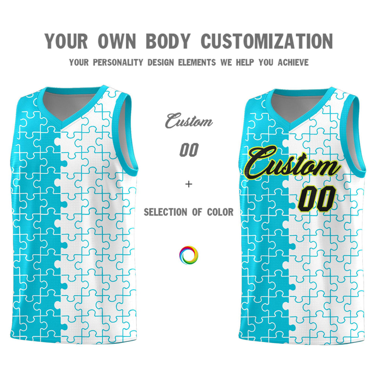 Custom Sky Blue White Splid Basketball Kits With Puzzle Pattern