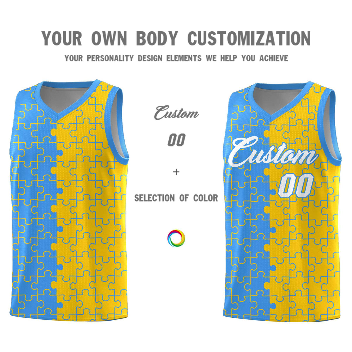 Custom Light Blue Gold Splid Basketball Kits With Puzzle Pattern