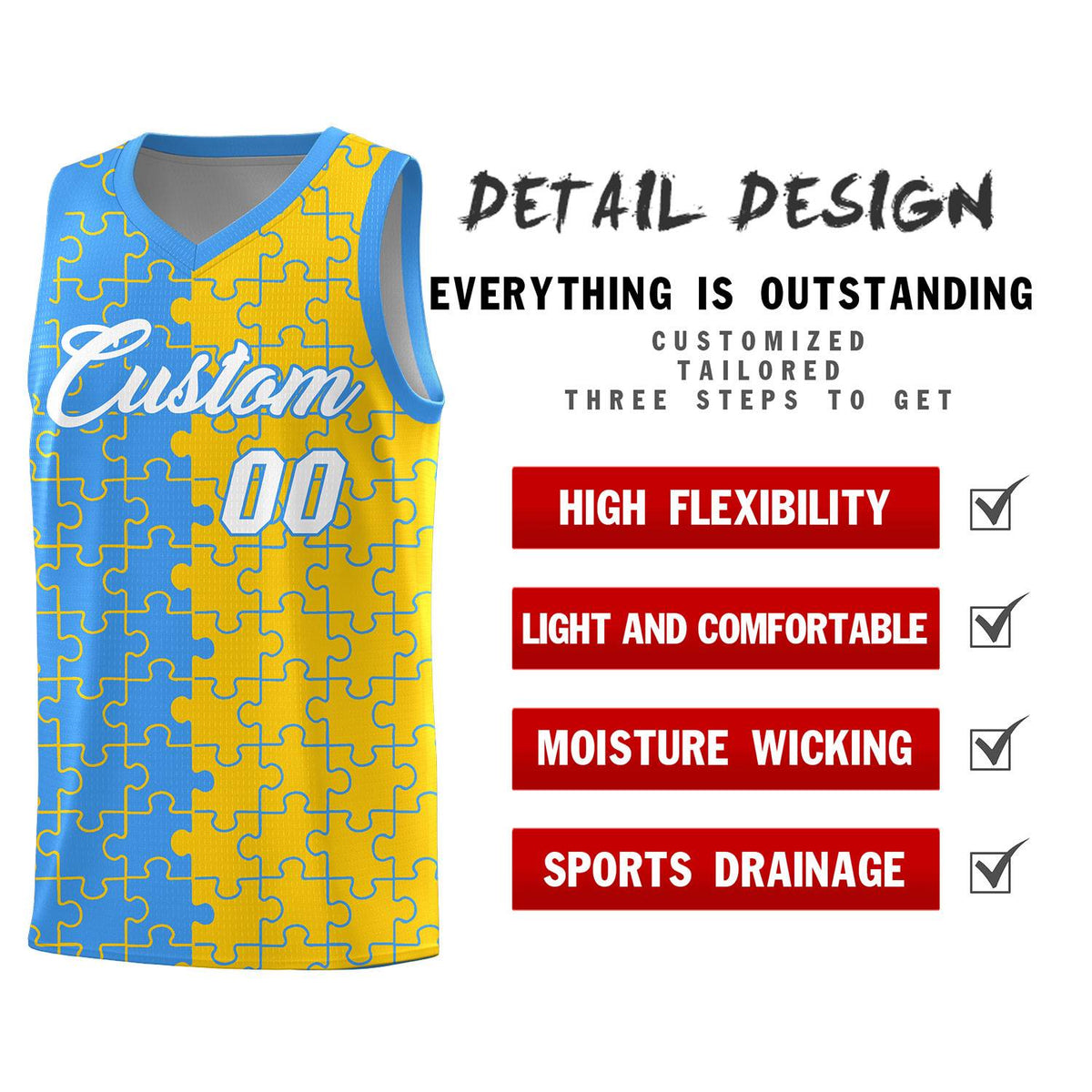 Custom Light Blue Gold Splid Basketball Kits With Puzzle Pattern