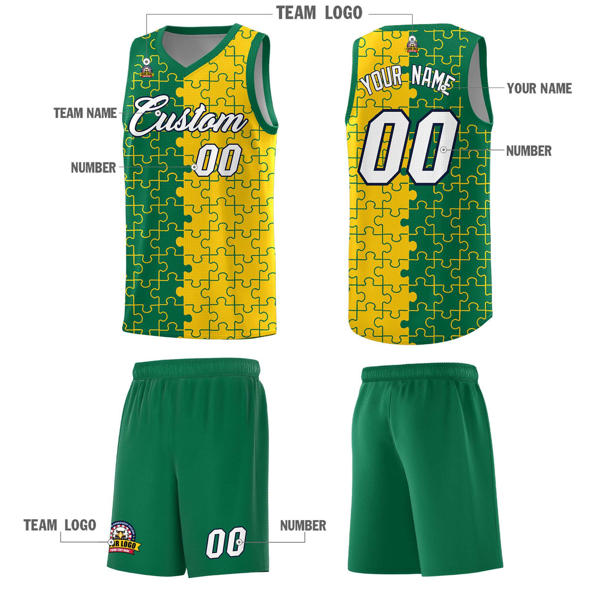 Custom Kelly Green Gold Splid Basketball Kits With Puzzle Pattern