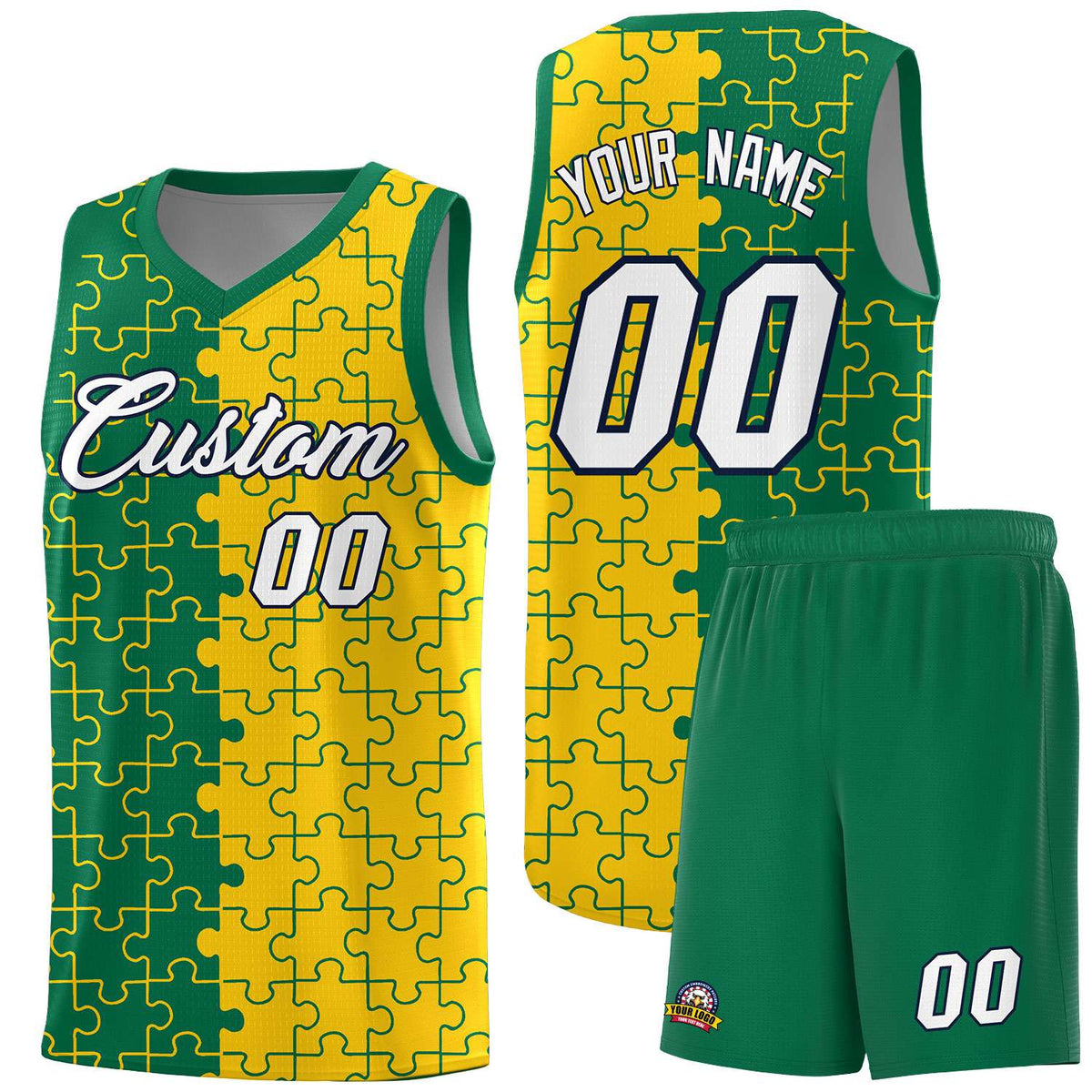 Custom Kelly Green Gold Splid Basketball Kits With Puzzle Pattern