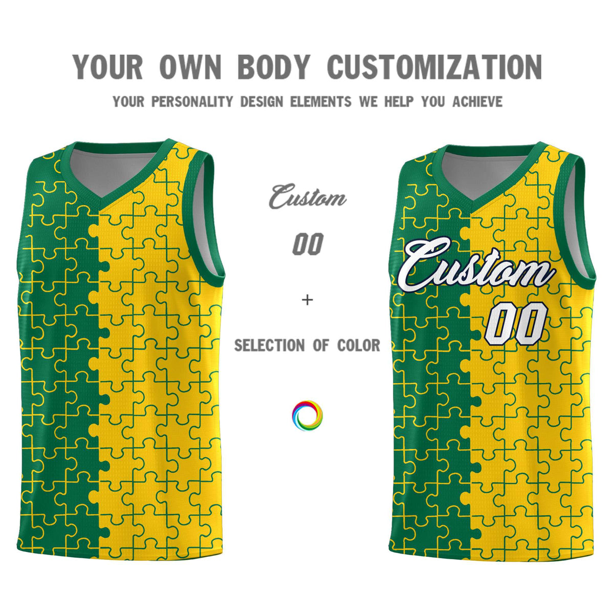 Custom Kelly Green Gold Splid Basketball Kits With Puzzle Pattern