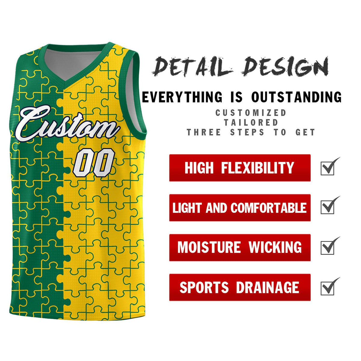 Custom Kelly Green Gold Splid Basketball Kits With Puzzle Pattern