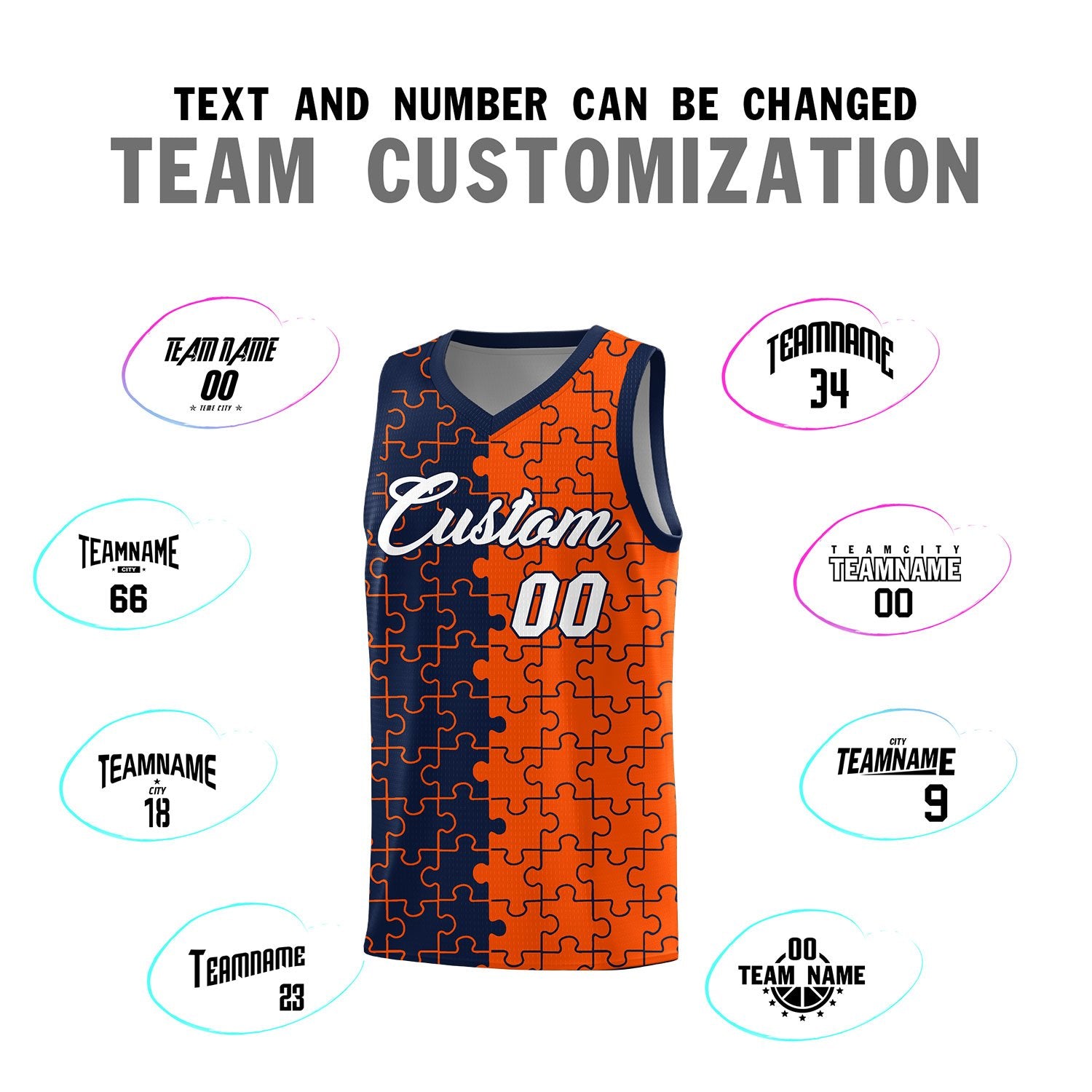 Custom Navy Orange Splid Basketball Kits With Puzzle Pattern