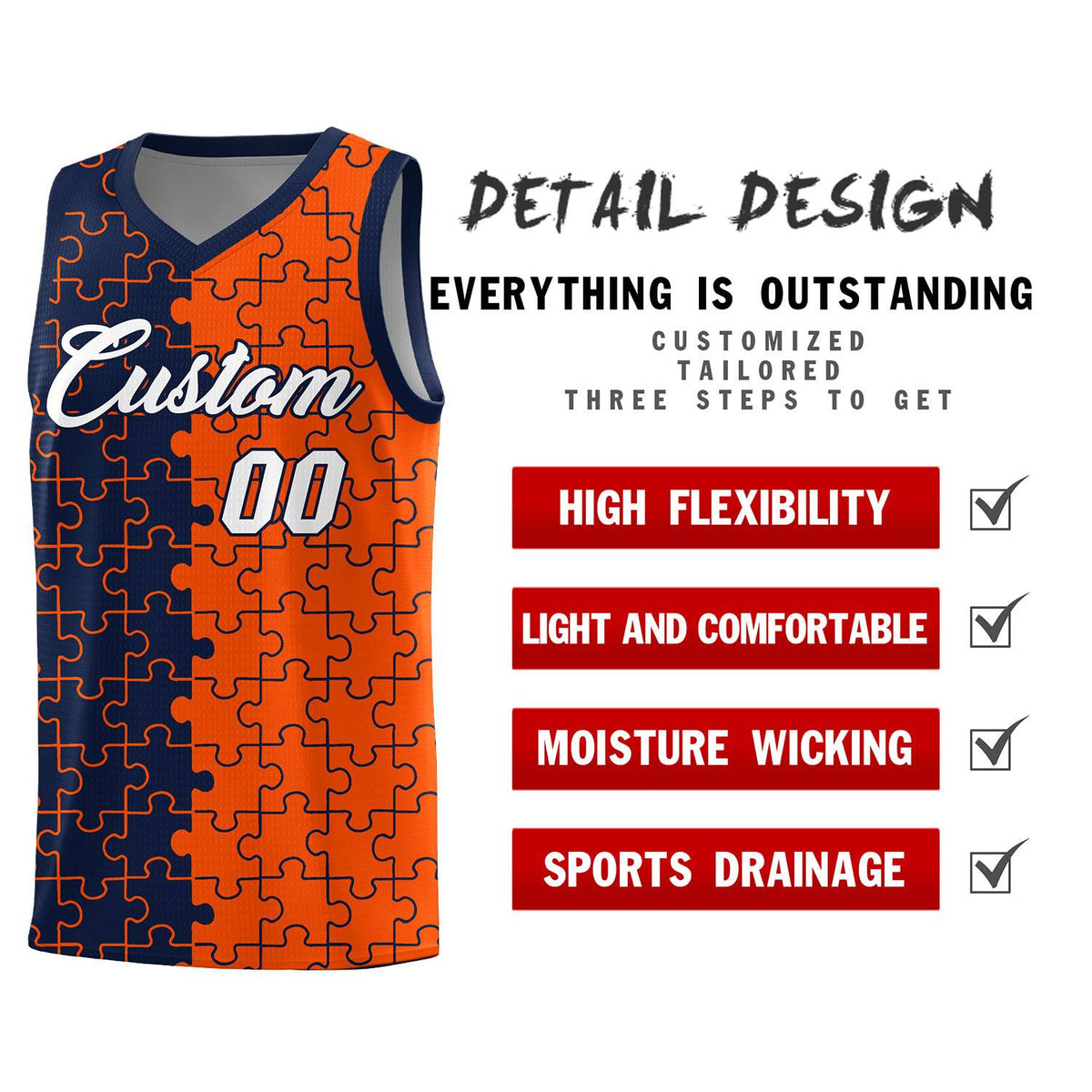 Custom Navy Orange Splid Basketball Kits With Puzzle Pattern