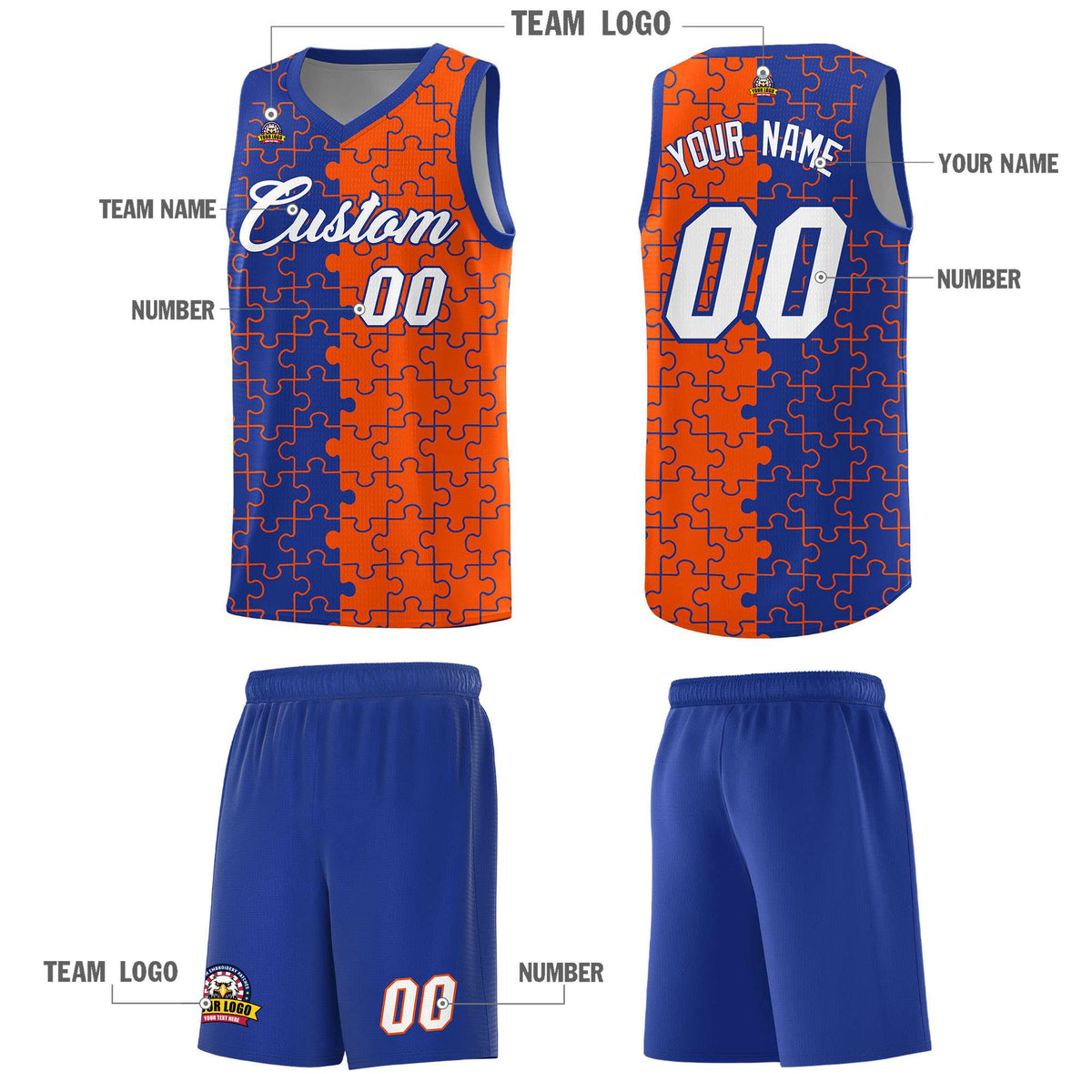 Custom Royal Orange Splid Basketball Kits With Puzzle Pattern
