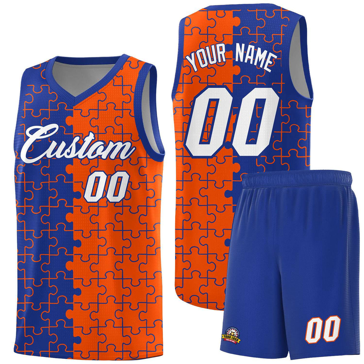 Custom Royal Orange Splid Basketball Kits With Puzzle Pattern