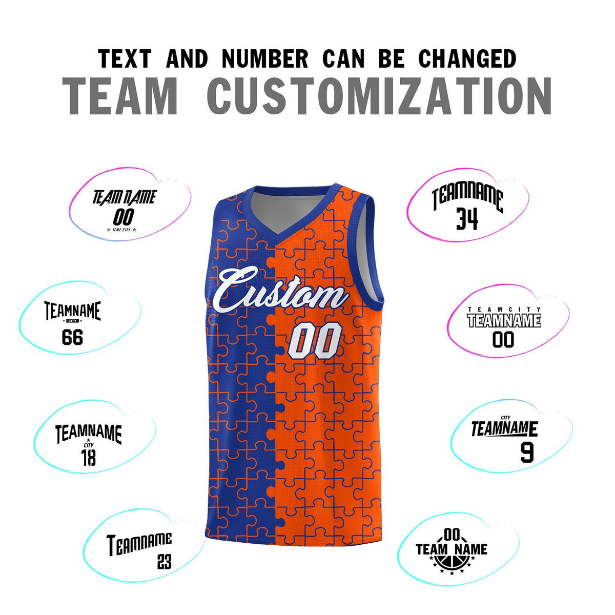 Custom Royal Orange Splid Basketball Kits With Puzzle Pattern