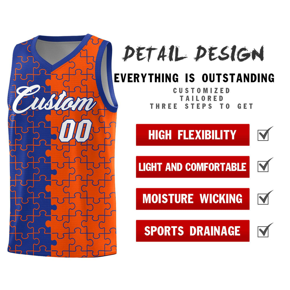 Custom Royal Orange Splid Basketball Kits With Puzzle Pattern