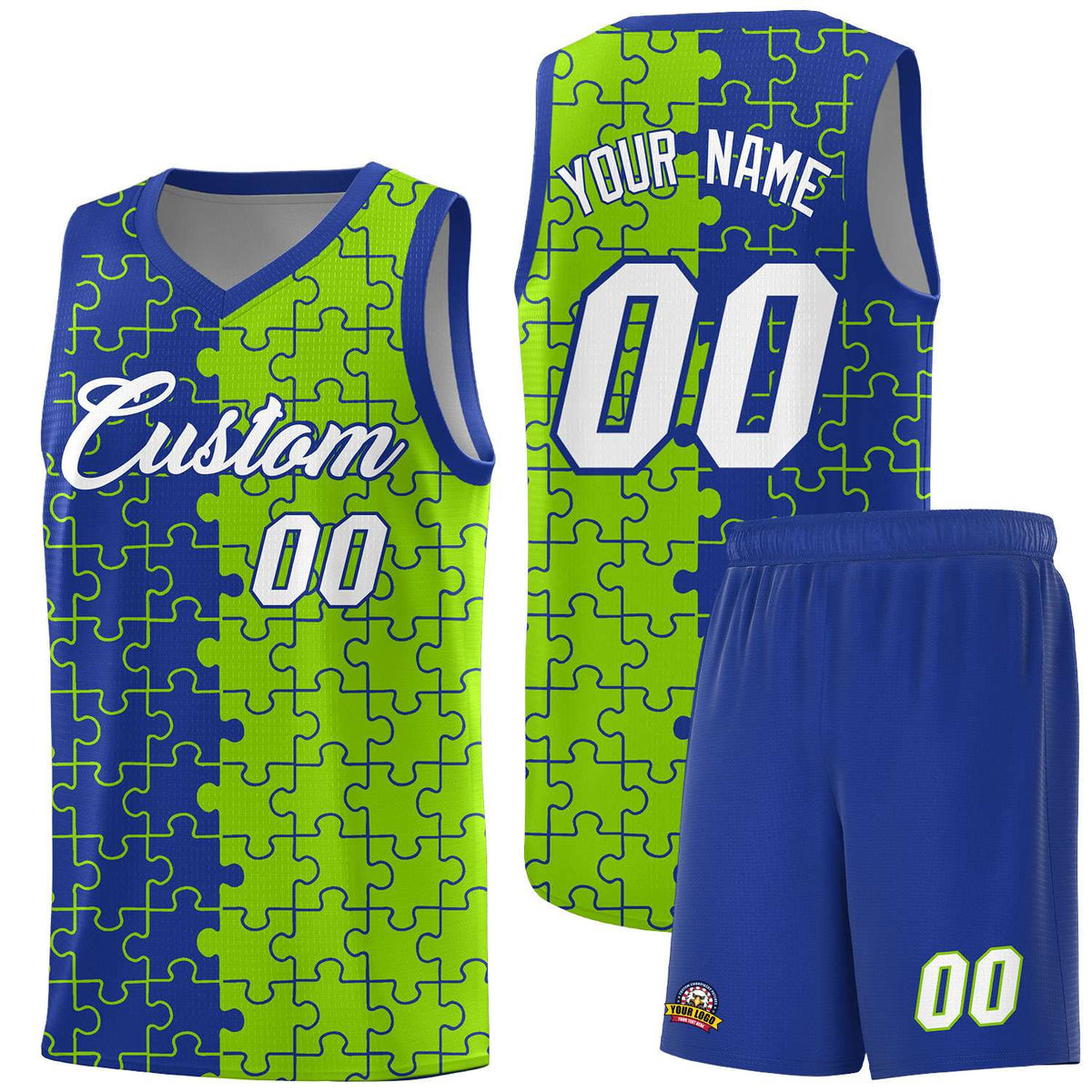 Custom Royal Neon Green Splid Basketball Kits With Puzzle Pattern