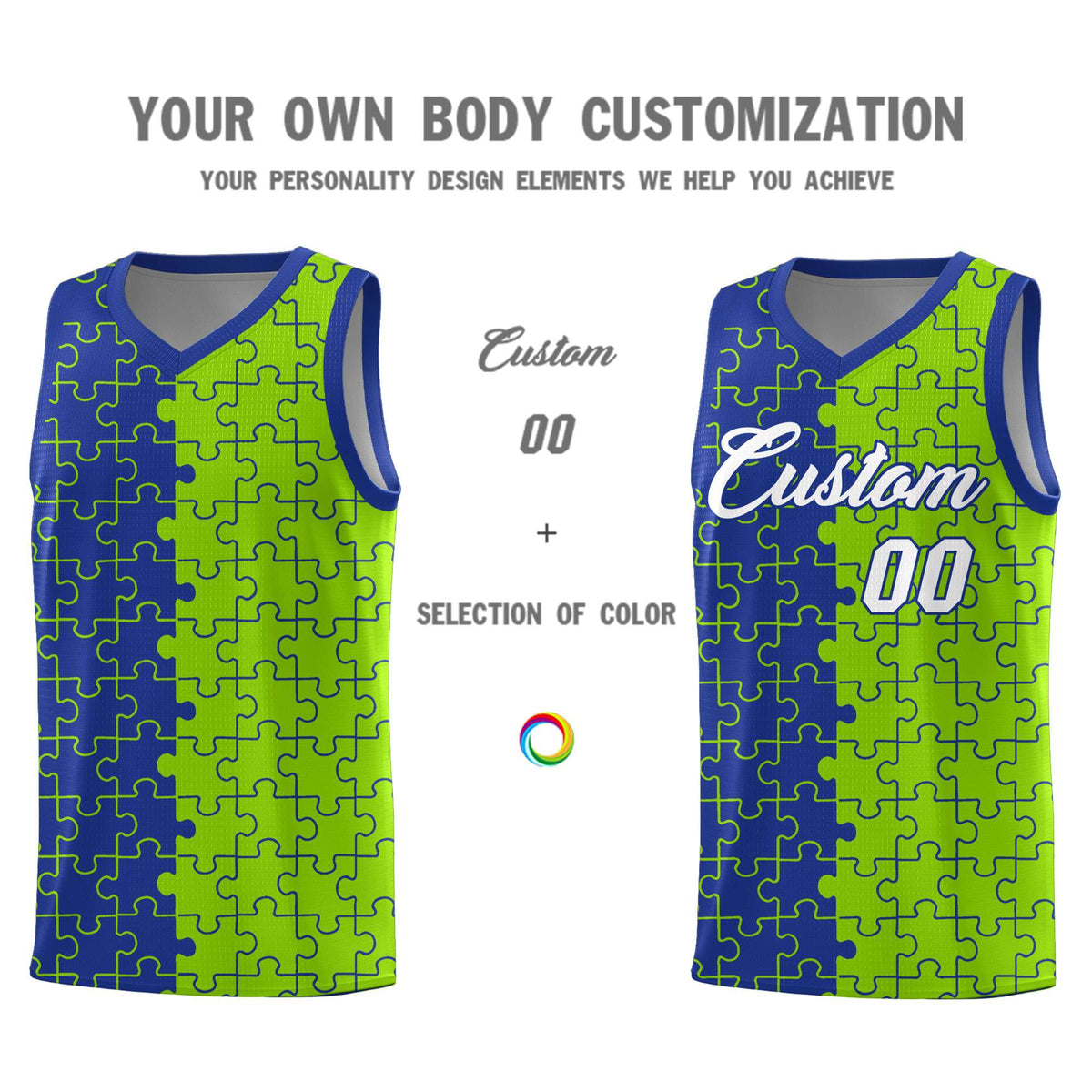 Custom Royal Neon Green Splid Basketball Kits With Puzzle Pattern