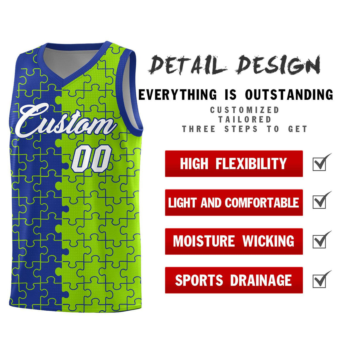 Custom Royal Neon Green Splid Basketball Kits With Puzzle Pattern