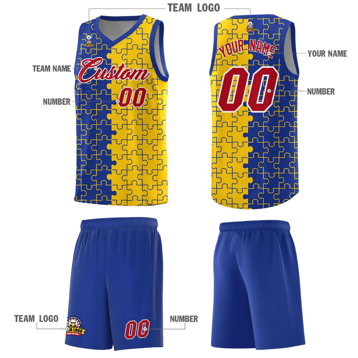 Custom Royal Gold Splid Basketball Kits With Puzzle Pattern